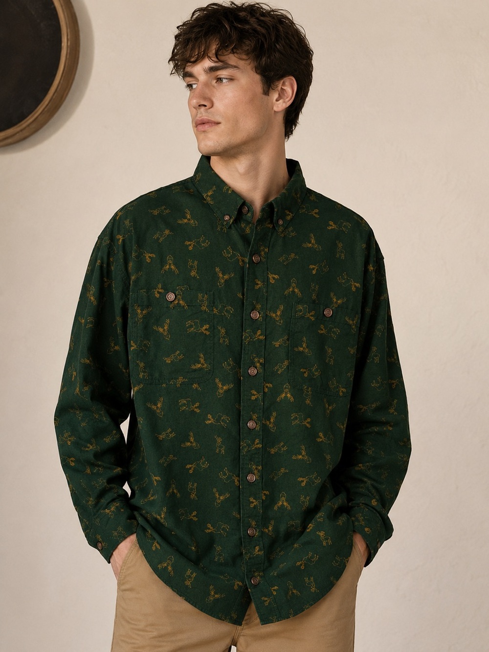 Duluth Trading Co Dark‎ Green Printed Button-Down Shirt LT
